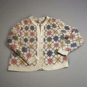 Women's Sarah Alexander Cardigan Sweater Size L Pink Blue Checked Button-Up